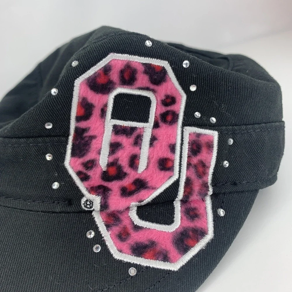 OU Oklahoma Sooners Hat Womens Cadet Cap Black Pink Cheetah Trim & Fake Crystals